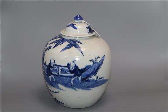 A Chinese blue and white figural jar and cover, Kangxi mark, Qing dynasty height 27cm